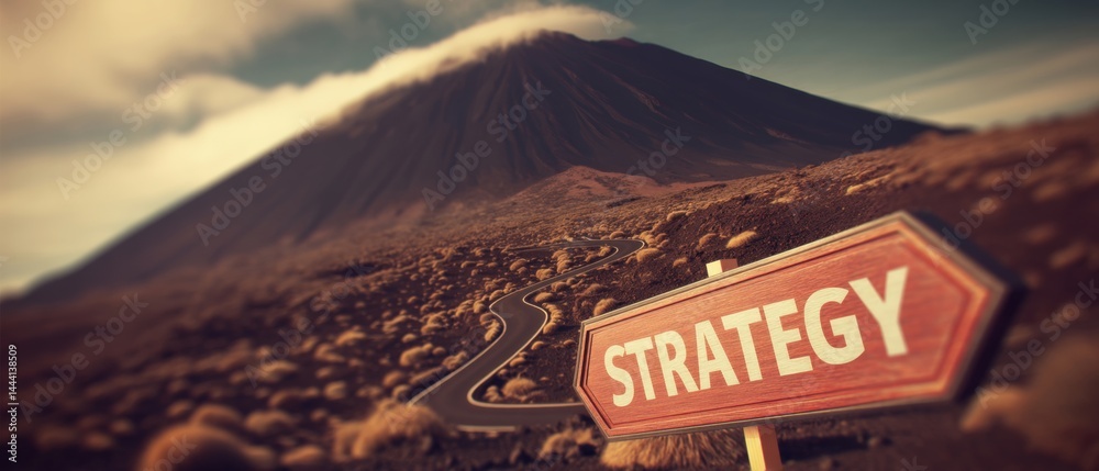 A winding road leads to a mountain, marked by a signpost labeled