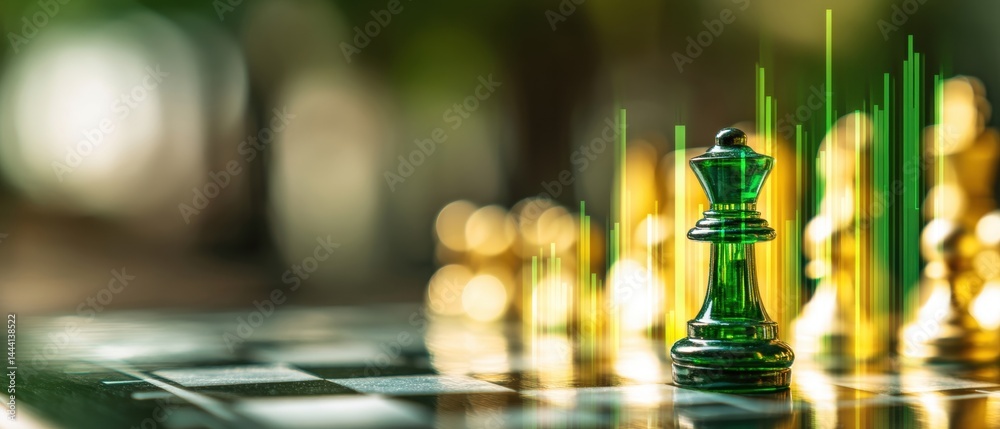 A chess piece stands prominently with vibrant graphs in the background, symbolizing strategy and analysis in finance or gaming.