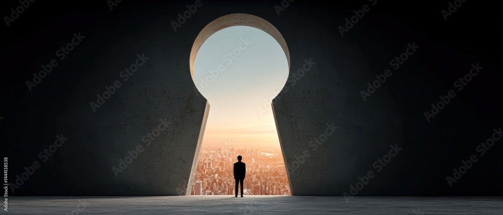 A person stands before a large keyhole, silhouetted against a panoramic view of a cityscape at sunset.