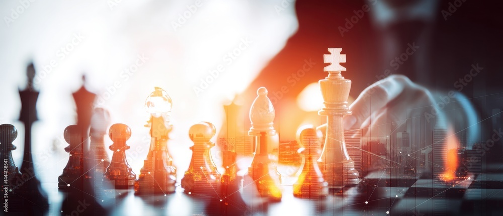 A strategic chess game in progress, with a blurred hand making a move over the pieces, highlighting focus and competition.