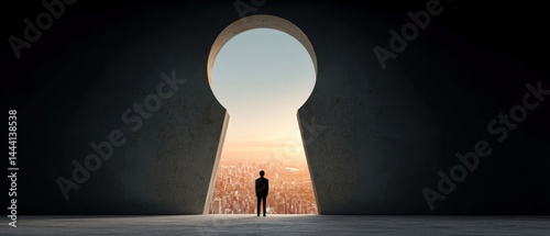 Obraz na płótnie A person stands before a large keyhole, silhouetted against a panoramic view of a cityscape at sunset. w salonie