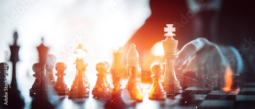 Obraz na płótnie A strategic chess game in progress, with a blurred hand making a move over the pieces, highlighting focus and competition. w salonie