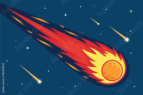 Create a vector illustration of a bold red meteor blazing intensely, falling through a dark night sky, emitting bright flames and sparks.  Omit any background elements.