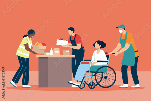 Volunteers assisting differently-abled individuals participate in a community activity; showcasing inclusive support and empowerment.