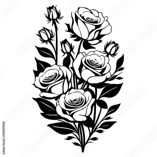 Elegant monochrome floral arrangement featuring roses with delicate leaf details