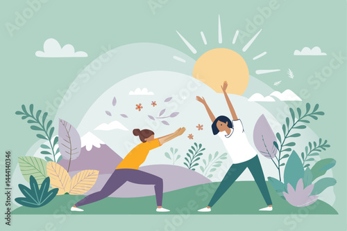 Create a vibrant vector banner illustrating a person performing a wellness stretching exercise.  Focus on flexibility and well-being.