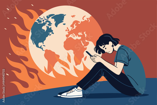 A young adult, oblivious to a fiery apocalyptic scene behind them, is intensely focused on their smartphone.  Depict stark contrast between digital engagement and real-world devastation.