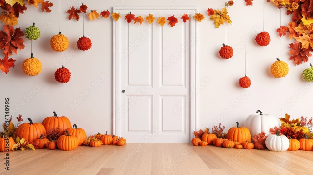 Obraz premium A Beautifully Decorated White Door with Autumn Leaves Garlands and Pumpkin Ornaments Beside Piles of Real and Decorative Pumpkins for Fall Decor