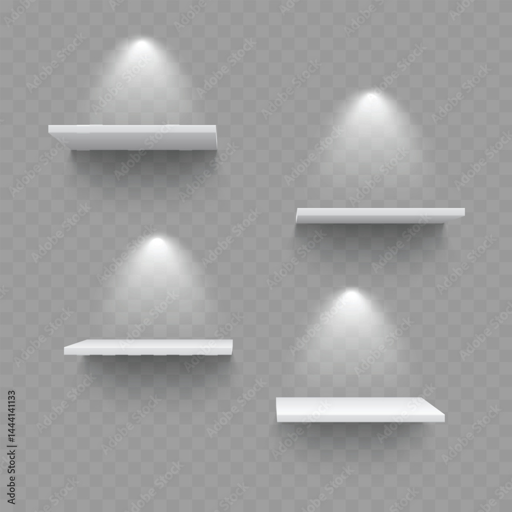 Set of Four White Floating Shelves with Lighting - Vector Set of Four White Floating Shelves with Lighting - Vector