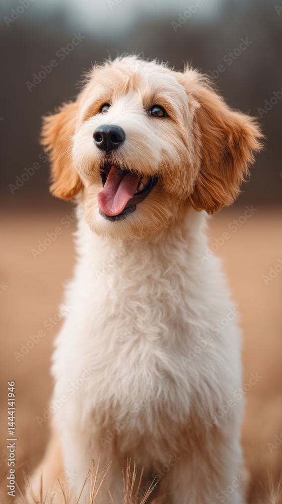 Fototapeta premium A happy, fluffy dog with light brown and white fur sits outdoors on a grassy field, looking up with its mouth open.