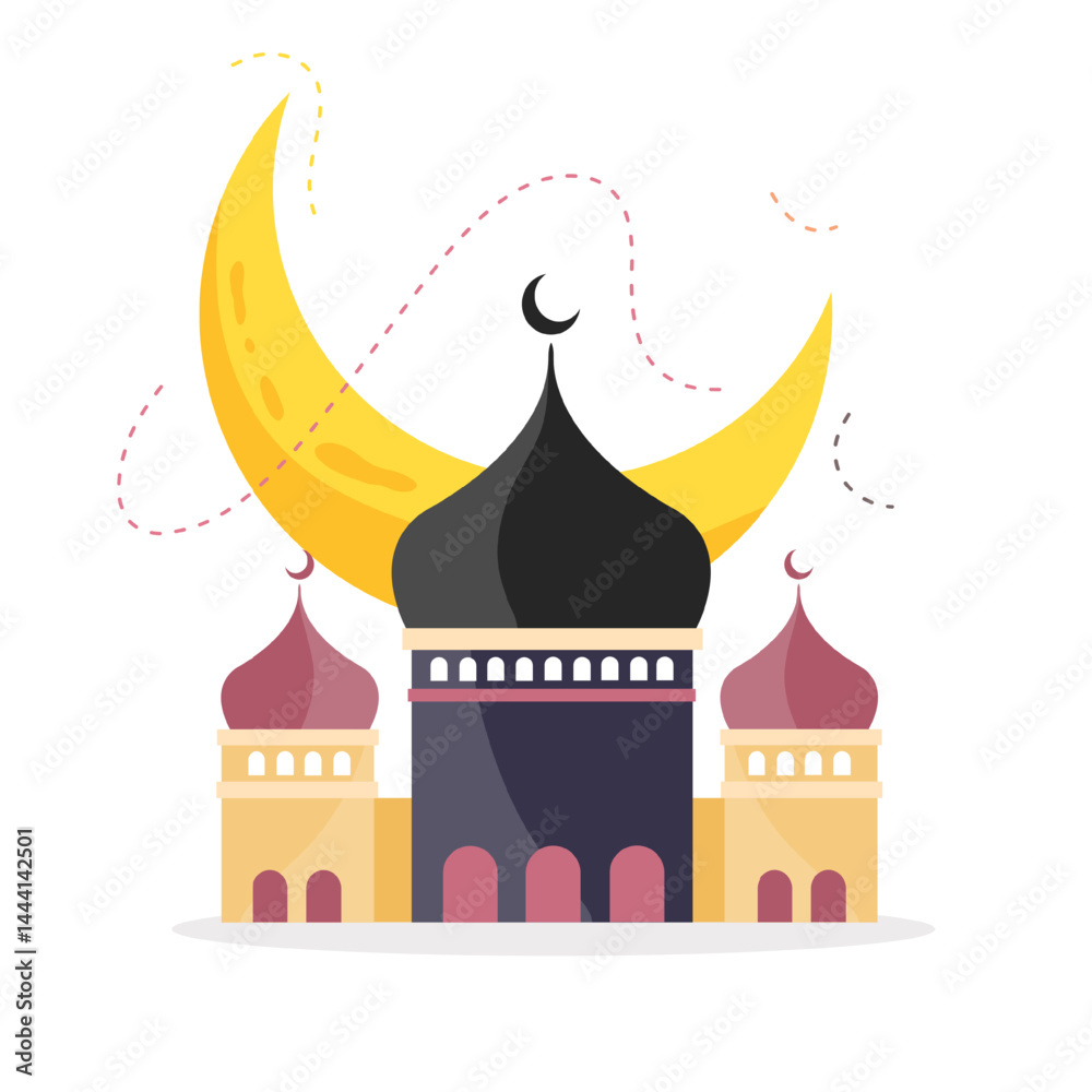 Ramadan mosque with crescent moon illustration in clean festive Islamic style