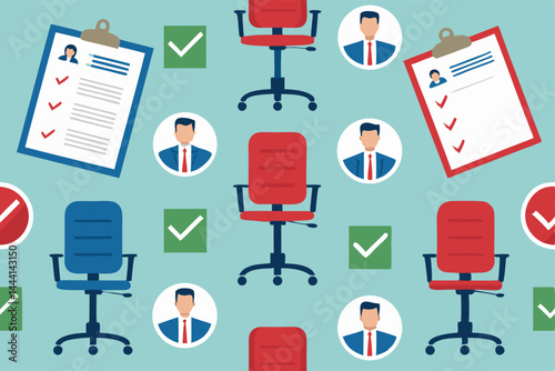 Create a vibrant vector seamless pattern illustrating the hiring process, featuring resumes, job applications, and relevant office symbols.  Design should be modern and appealing.