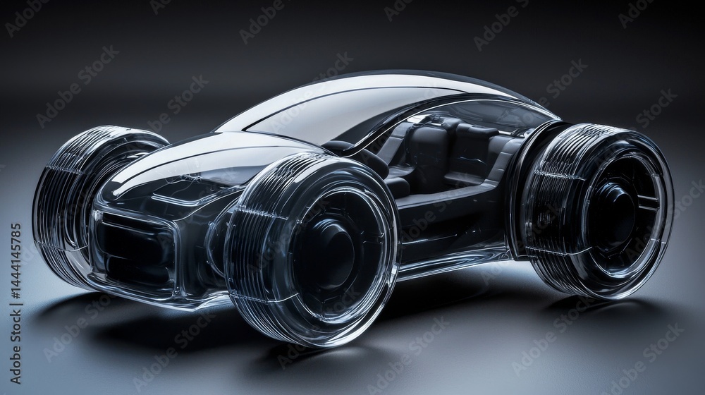 A futuristic transparent model of a car on a dark background. A futuristic transparent model of a car on a dark background.
