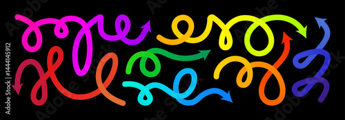 Arrow gradation, squiggly gradient vector line set. Curved carnival change icon. Rise pattern, doodle shape brush element. 3d dynamic multi colored curly loop spiral strokes. Abstract twirl bold paint