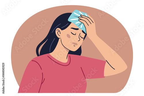 A vector illustration of a woman experiencing intense pain, holding an ice pack to her throbbing forehead.  Her expression conveys discomfort and distress.