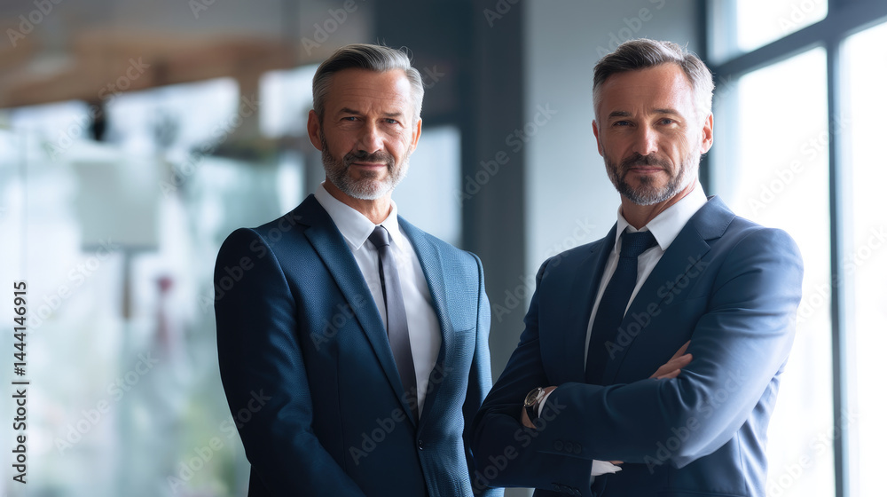 Two confident business men in suits, standing close together, looking directly at the camera. Business partners or colleagues. Modern office setting in the background Two confident business men in suits, standing close together, looking directly at the camera. Business partners or colleagues. Modern office setting in the background