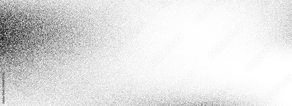 Dotted grain gradient texture. Black stippled noise background. Rough grunge sand dots backdrop. Gritty distressed speckles and particles overlay for poster, banner. Abstract grit wallpaper. Vector