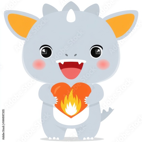 Cute Cartoon Dragon Character Holding Heart with Flames, Cheerful Expression and Playful Design