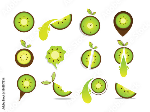 Pattern of whole and sliced kiwifruit with seeds and green skin texture
