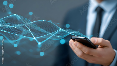 Close-up view of a person holding a phone with digital network overlay.