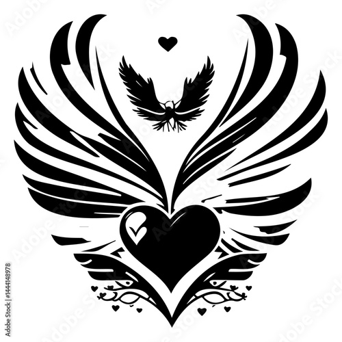 Stylized Heart with Wings and Bird Design in Black and White Graphic