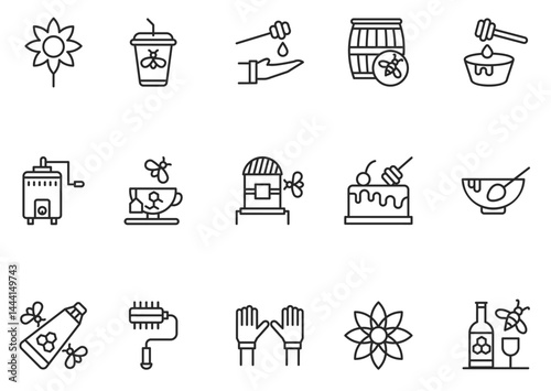 Honey and beekeeping thin line icons vector set with editable stroke. Bee, beehive, honeycomb, honey, jars, hive, spoons, flowers icons collection on white background. Vector illustration
