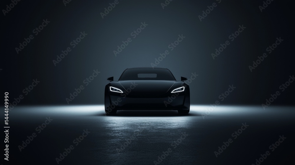 A sleek black car stands illuminated against a dark background, showcasing modern design. A sleek black car stands illuminated against a dark background, showcasing modern design.