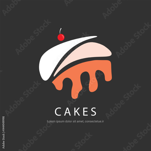 Cake slice with dripping cream and cherry in dark gourmet logo style