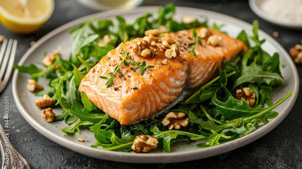 A hearty dinner of baked salmon fillet with rocket leaves, topped with walnuts and a squeeze of lemon for extra digestion benefits. A hearty dinner of baked salmon fillet with rocket leaves, topped with walnuts and a squeeze of lemon for extra digestion benefits.