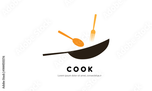 Cooking tools flying from a wok pan in dynamic culinary logo design