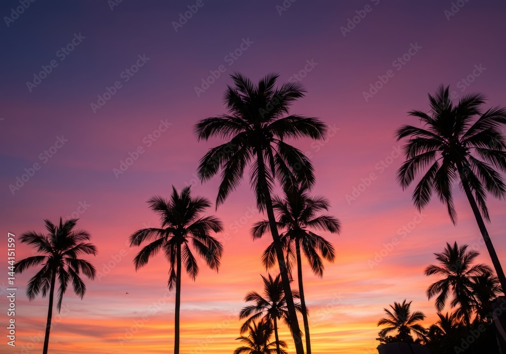 Silhouette of palm trees against a vibrant sunset sky with pink and orange hues Silhouette of palm trees against a vibrant sunset sky with pink and orange hues