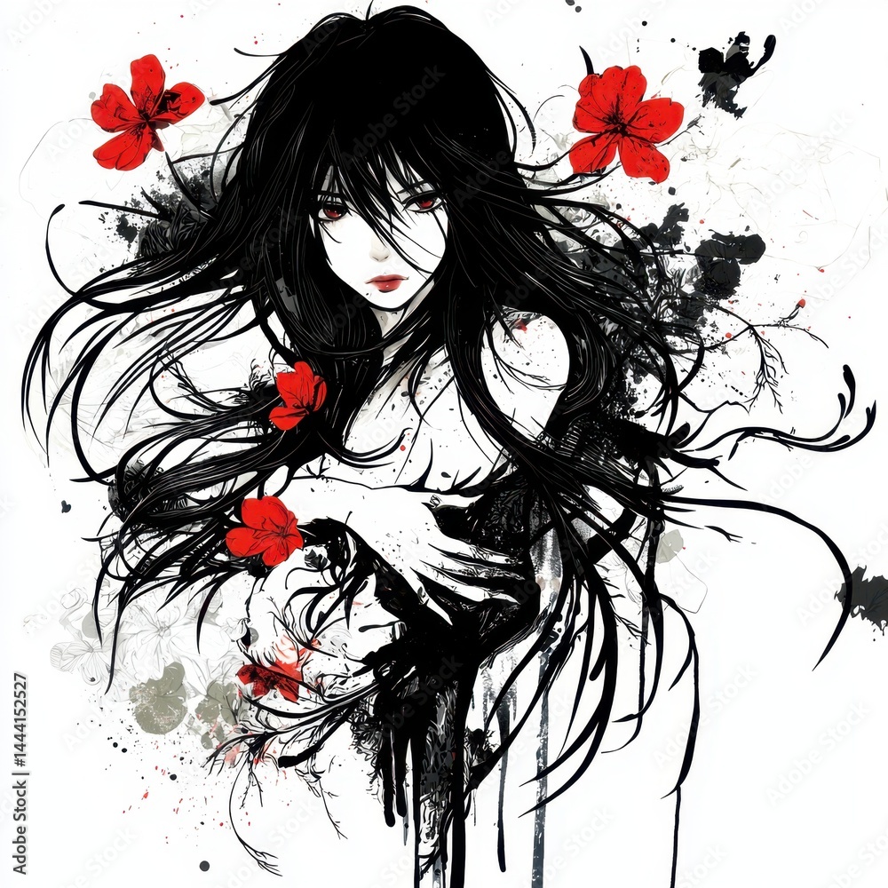 Fototapeta premium Artistic illustration of a mysterious dark-haired woman with flowing hair adorned with red flowers, black ink splashes, and a contemplative expression in a watercolor style