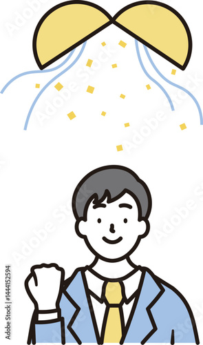 笑顔でガッツポーズをする男子高校生の上半身とくす玉のシンプルなイラスト素材