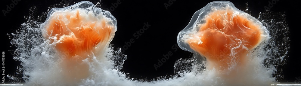 Fototapeta premium Abstract orange and white egg-like forms in motion against black background. Possible use for scientific illustration, education, or art print.