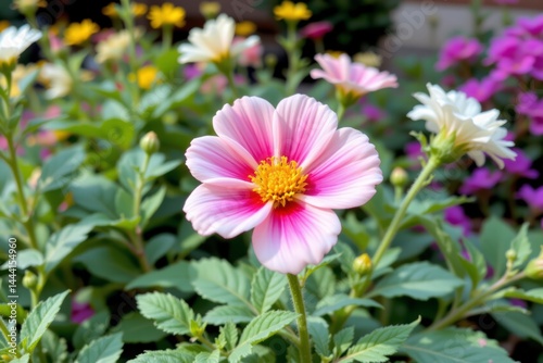 Beautiful Pink Flower with White and Yellow Blooms in Garden Setting