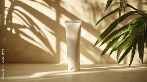Beige tube of skincare product in natural light