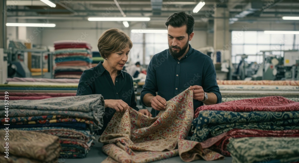 Woman and man inspect textile in factory warehouse Woman and man inspect textile in factory warehouse