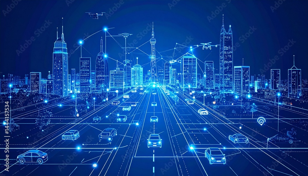 Fototapeta premium IoT Smart City Blueprint with Neon Grid 