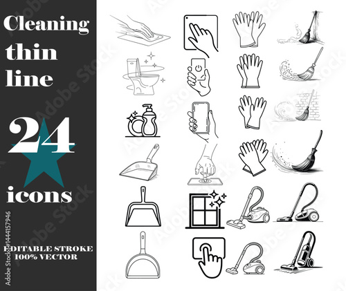 Minimalist Black and White Vector Illustration of Cleaning Supplies and Tools for Household Chores