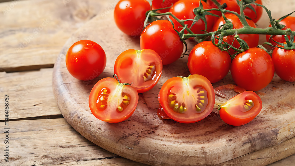 A close up of cherry tomatoes on a vine and sliced on a wooden cutting board in natural light A close up of cherry tomatoes on a vine and sliced on a wooden cutting board in natural light