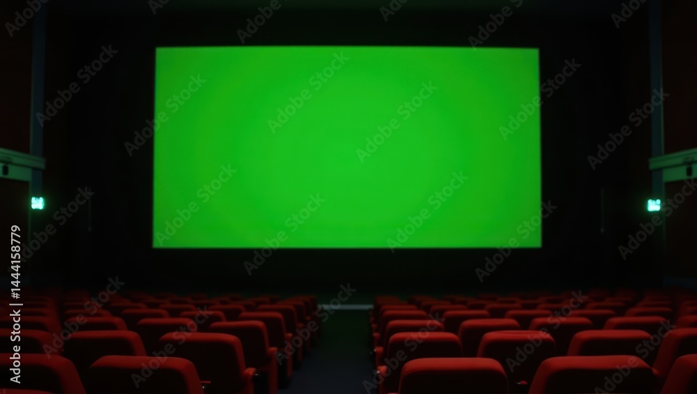 A large green screen replaces the main cinema screen in a dark movie theater. Rows of empty red seats are visible in the foreground. Ambient lighting from the exit signs and aisle lights casts a soft