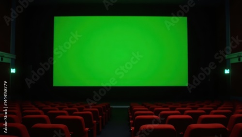 Obraz na płótnie A large green screen replaces the main cinema screen in a dark movie theater. Rows of empty red seats are visible in the foreground. Ambient lighting from the exit signs and aisle lights casts a soft w salonie