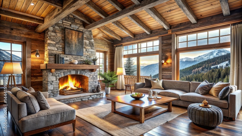 Cozy mountain chalet interior with fireplace and rustic wood accents , fireplace