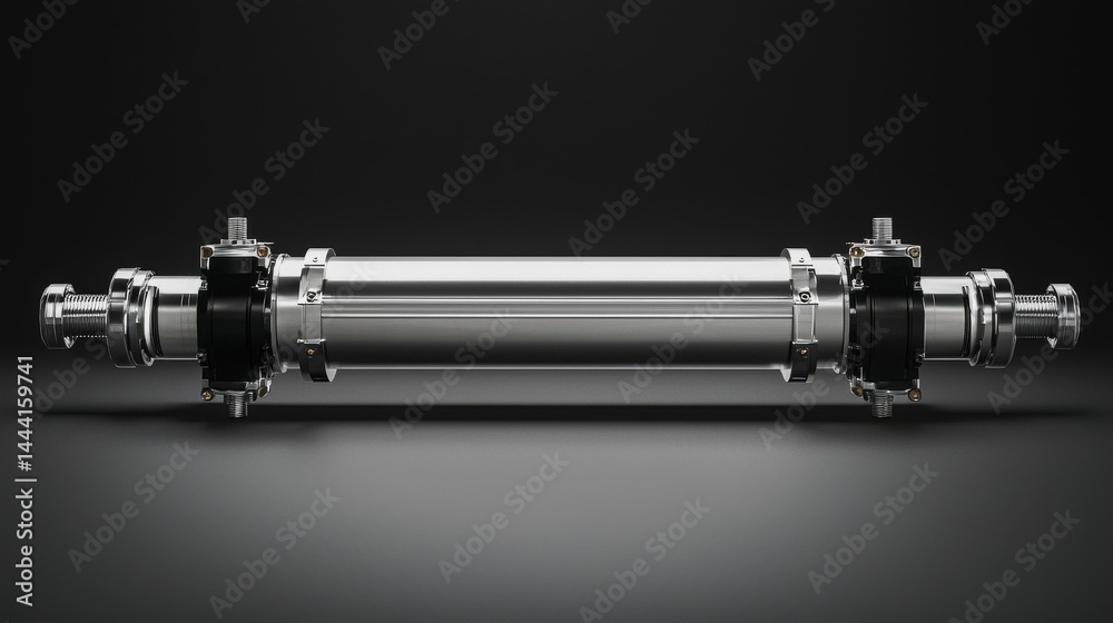 Close-up of a stainless steel mechanical component isolated on a dark background. Close-up of a stainless steel mechanical component isolated on a dark background.