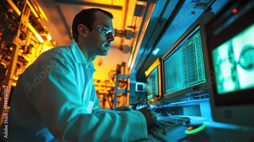 A lab technician in a nuclear fusion research center, monitoring high-energy reactions.