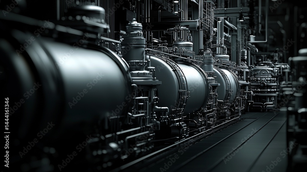 Close-up view of industrial machinery with pipes and valves in a modern facility. Close-up view of industrial machinery with pipes and valves in a modern facility.