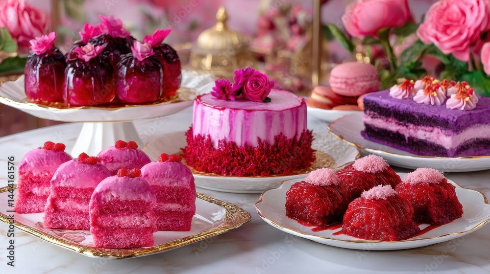 Pink and Purple Dessert Assortment with Edible Flowers Pink and Purple Dessert Assortment with Edible Flowers