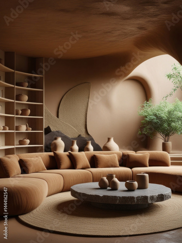 Modern earthy interior design with organic shapes and minimalist home decor in warm neutral tones