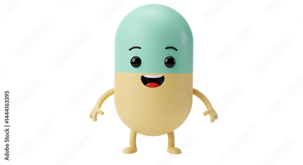Obraz premium Cheerful pill character with a light blue top and yellow bottom, stands smiling against a black background. Cute and approachable.