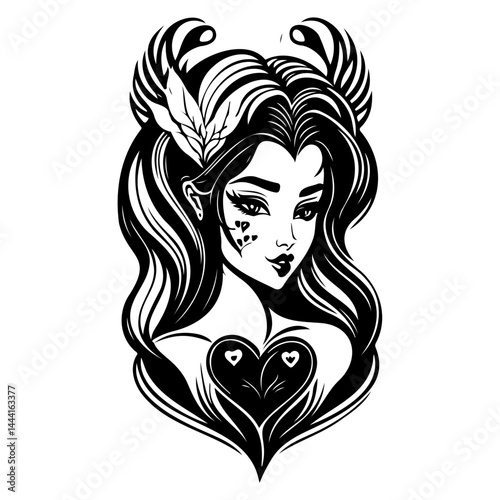 Stylized monochrome portrait of a whimsical woman with decorative elements
